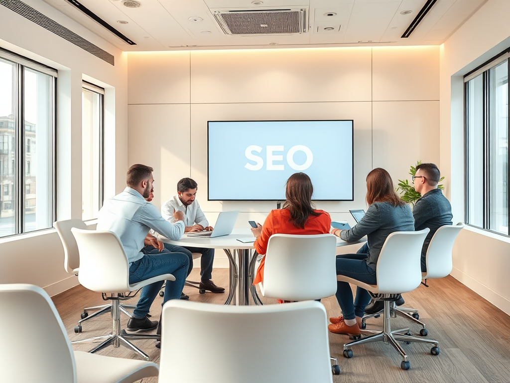 В конференц-зале команда обсуждает стратегии SEO у большого экрана.