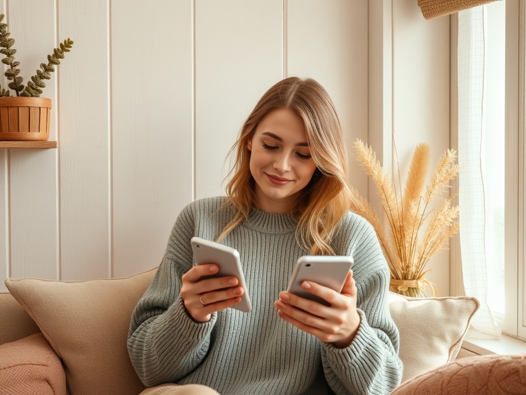 Молодая женщина сидит на диване, смотрит на два смартфона с улыбкой. Уютная обстановка с растениями.