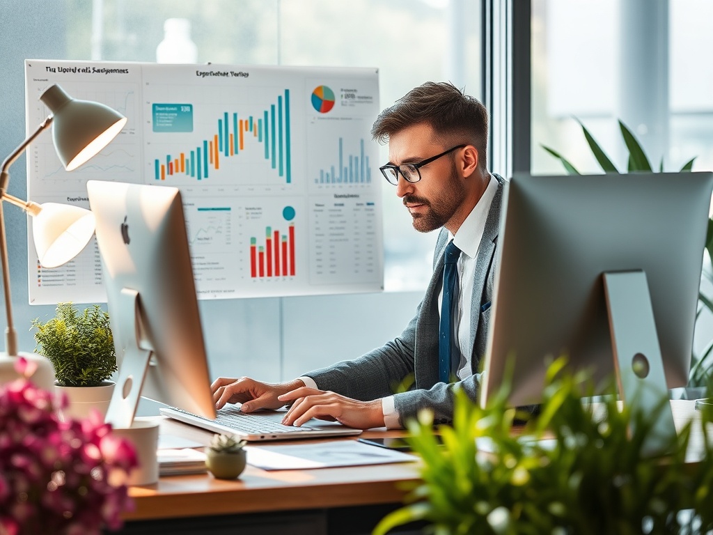 Мужчина в офисе работает за компьютером, рядом настольная лампа и растения, на стене графики и диаграммы.