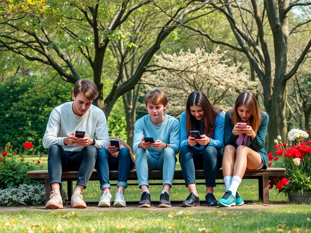 Молодежь сидит на скамейке в парке и смотрит в телефоны, окружают цветы и зелень.