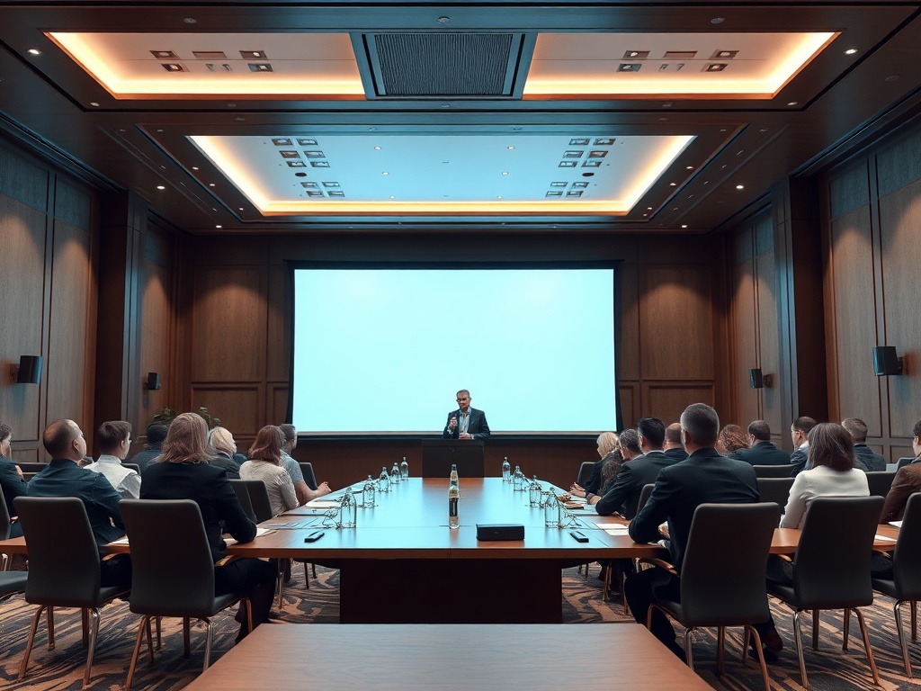 В конференц-зале мужчина выступает перед слушателями, сидящими за длинным столом. На экране — пустое пространство.