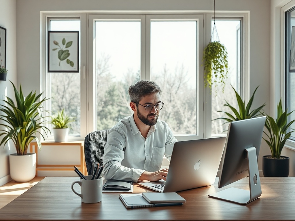 Мужчина в офисе работает за ноутбуком и настольным компьютером, окружённый зелеными растениями.