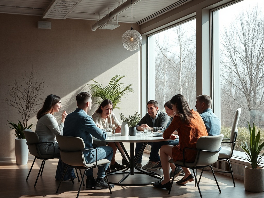 Группа людей обсуждает идеи за круглым столом в светлом современном офисе с большими окнами.