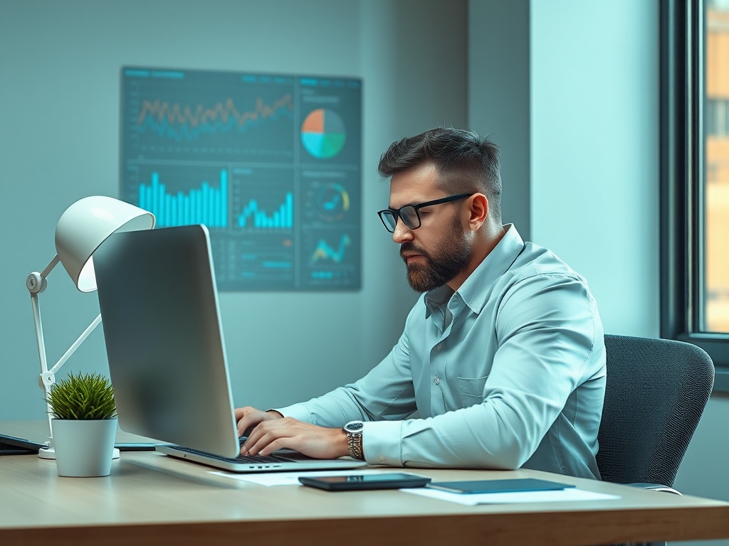 Мужчина в очках работает за столом с компьютером, графики на стене, уютный офисный интерьер.