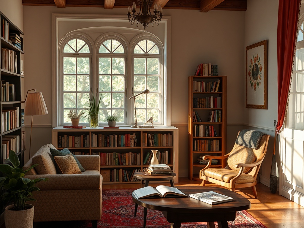 Уютная комната с окнами, книжными полками, креслом и столом, наполненная солнечным светом.