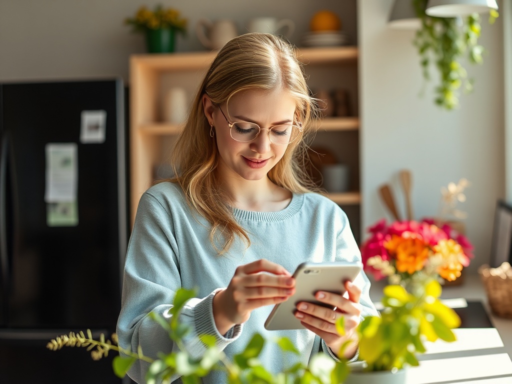 Молодая женщина в светлом свитере с телефоном, окруженная цветами и зелеными растениями на кухне.