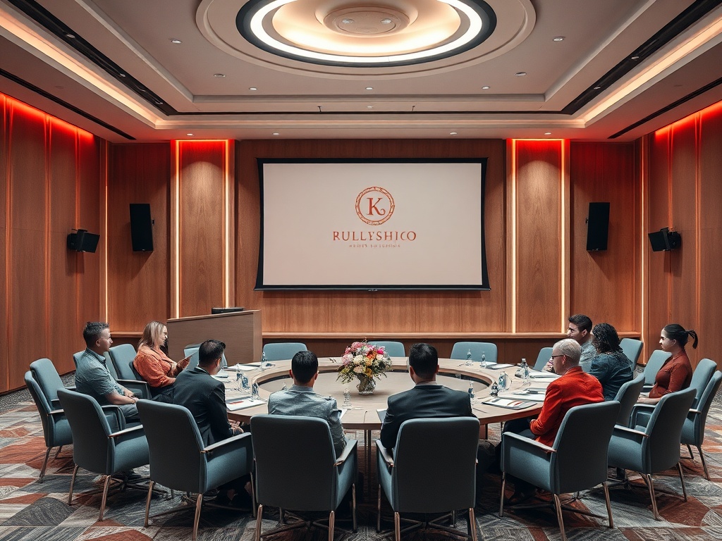 На заседании, участники сидят за круглым столом в современном конференц-зале. Экран с логотипом на стене.