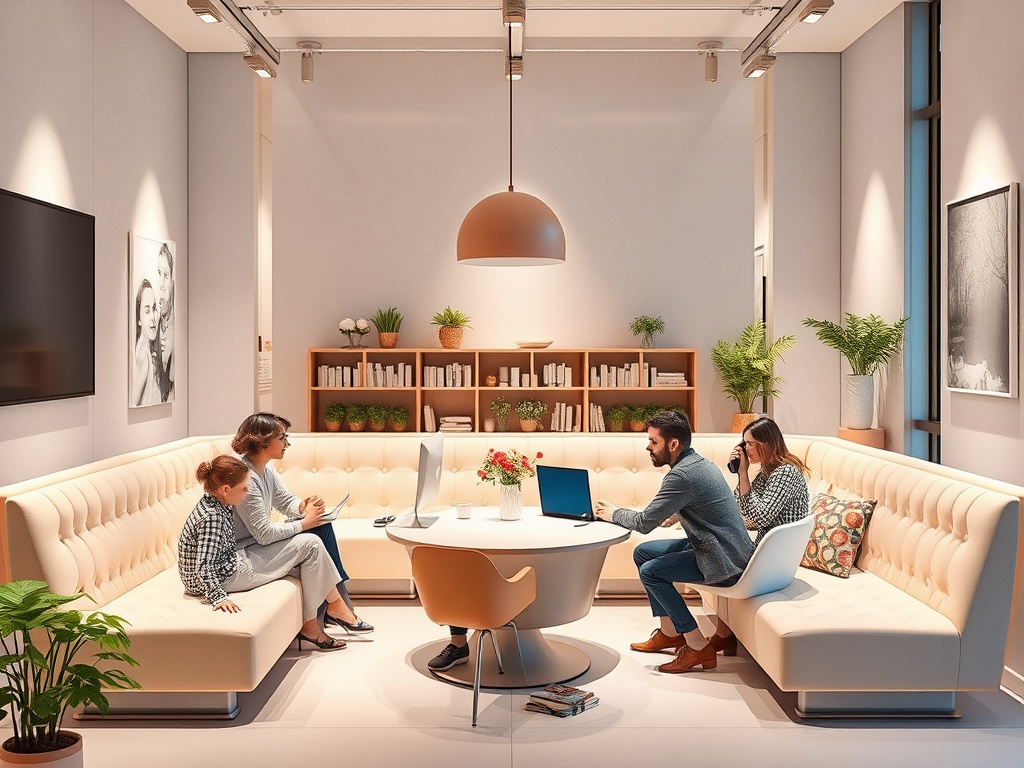 Современный офис: группа людей работает за круглым столом в уютной комнате с растениями и мягкой мебелью.