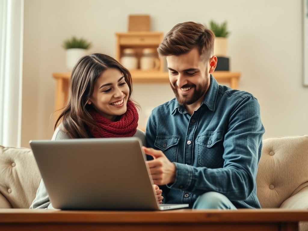 Молодая пара улыбается, смотря на ноутбук в уютной обстановке дома.