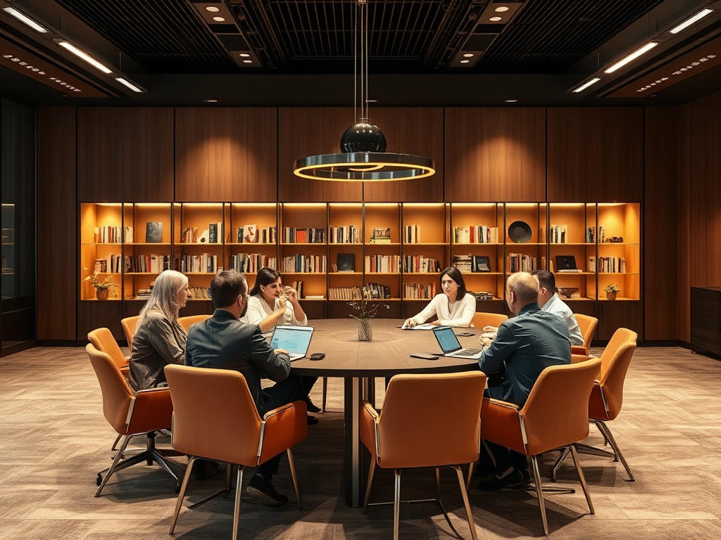 В конференц-зале шестеро людей обсуждают идеи за большим круглым столом. Полки с книгами на заднем плане.