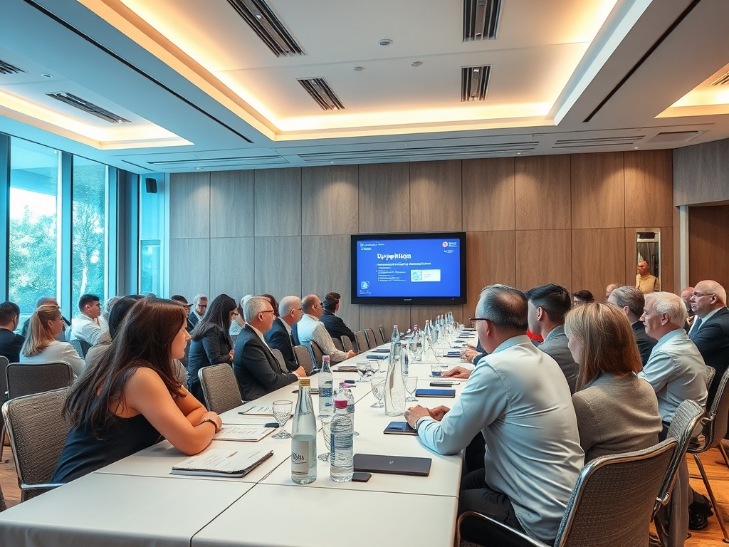 В конференц-зале участники обсуждают важные вопросы на встрече, представлен экран с презентацией.