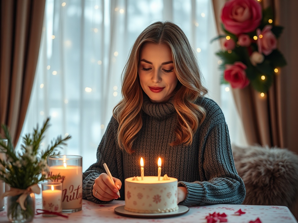 Женщина с длинными волосами сидит за столом с тортом и свечами, окруженная праздничными украшениями.
