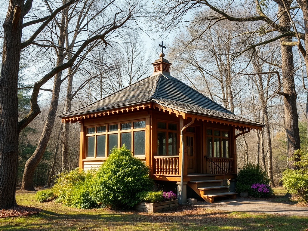 Красивая деревянная беседка с черепичной крышей, окруженная деревьями и зелеными кустами.