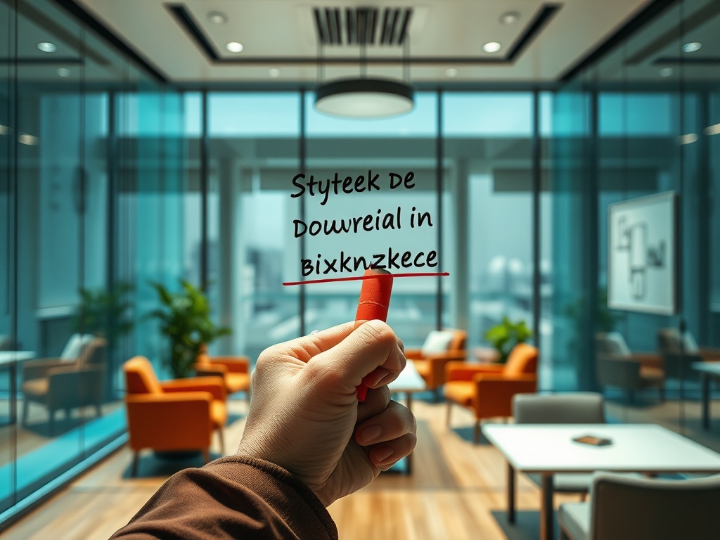 Рука с маркером на фоне современного офиса. На стекле написан текст. Уютная обстановка с креслами и растениями.