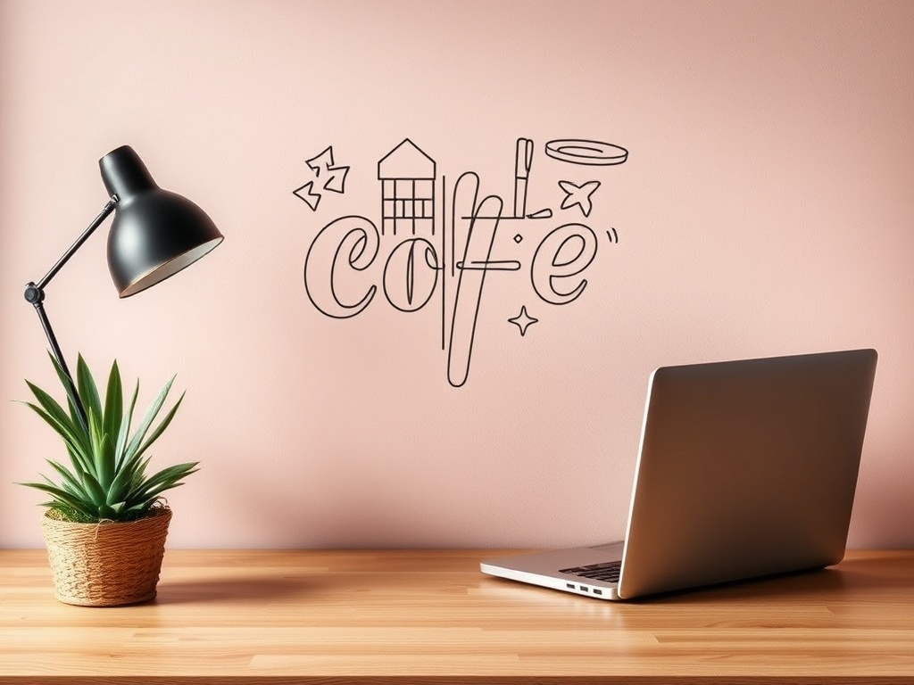 Интерьер с лампой, растением и ноутбуком, на стене нарисовано слово «кофе» с элементами декора.