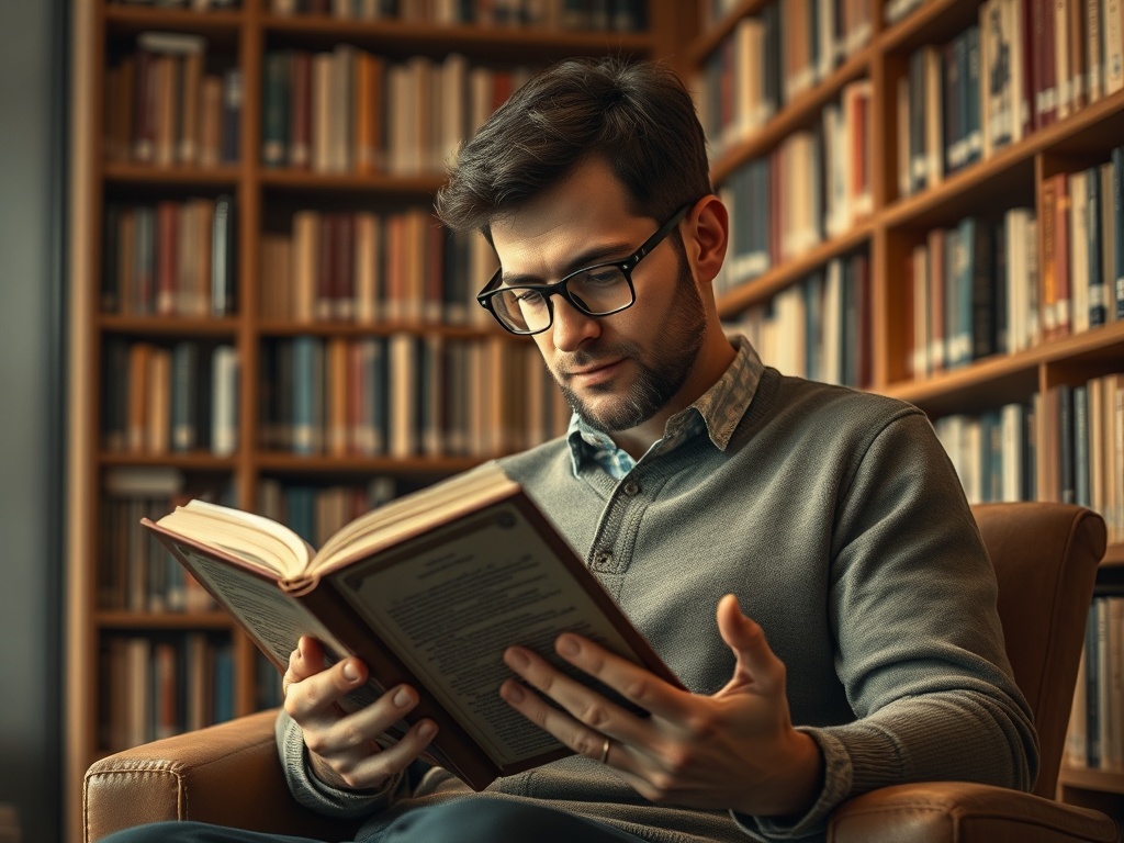 Молодой человек в очках читает книгу в уютной библиотеке среди полок с книгами.
