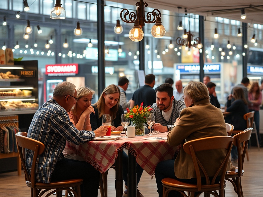 Группа людей обедает в уютном кафе с мягким освещением и цветами на столе. Атмосфера тепла и дружбы.