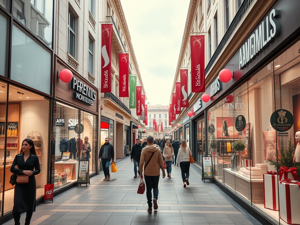 Пешеходная улица с магазинами, украшенная флажками и праздничными шарами, люди гуляют и делают покупки.
