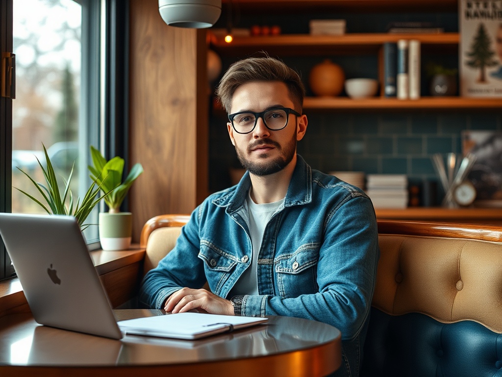 Молодой человек в джинсовой куртке, сидящий за столом с ноутбуком и блокнотом, смотрит в камеру.