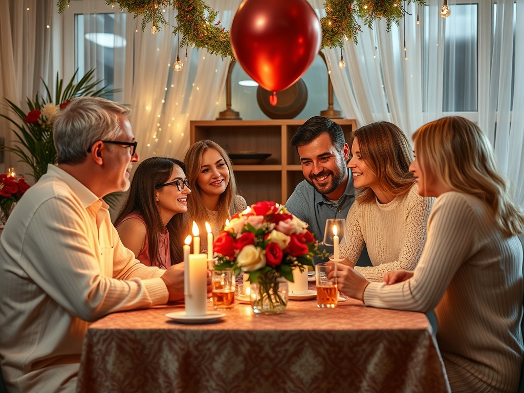На празднике семь человек сидят за столом, окружённые цветами и свечами, наслаждаясь общением.