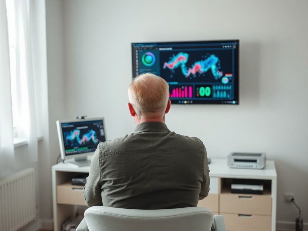 Человек сзади смотрит на экран с графиками и данными в современном офисе.