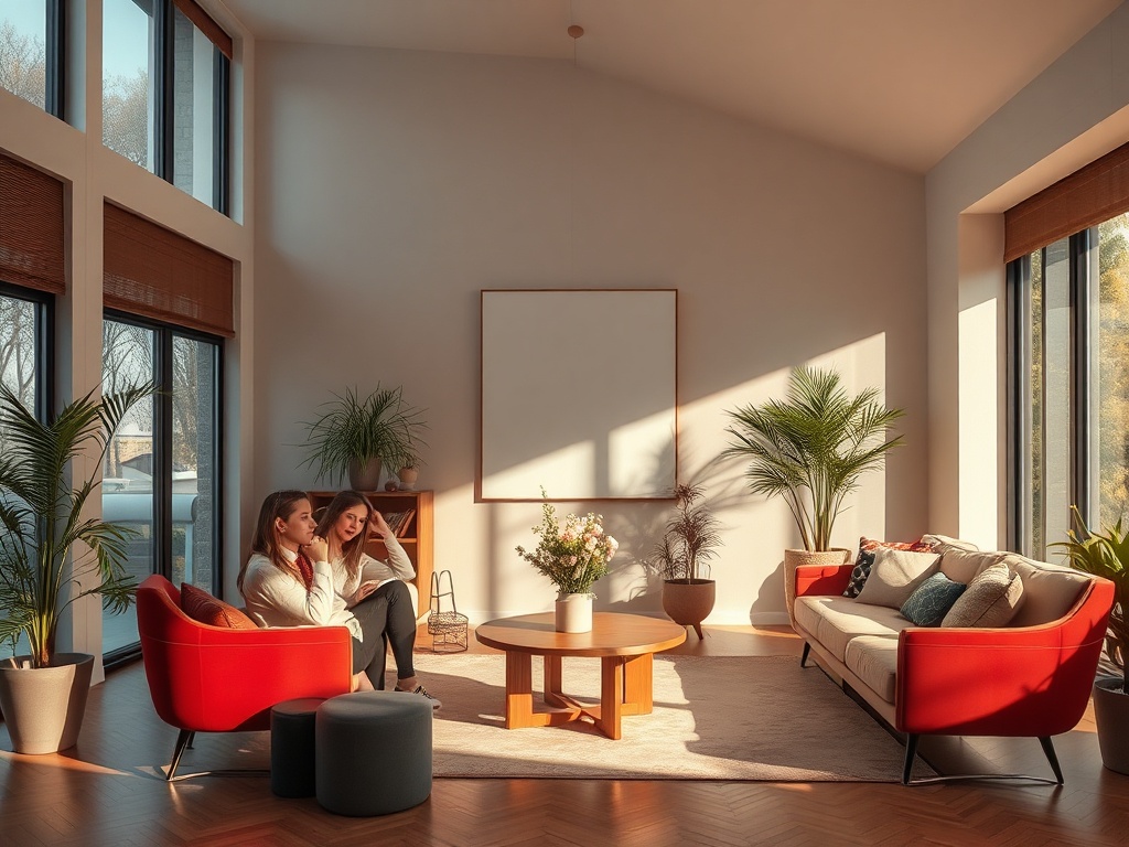 Две девушки обсуждают что-то в уютной гостиной с большими окнами и современным интерьером.