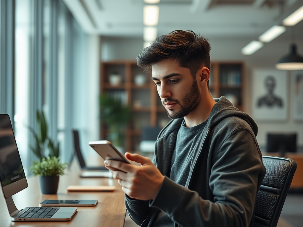 Молодой человек в сером худи сидит за столом и смотрит на телефон в современном офисе.