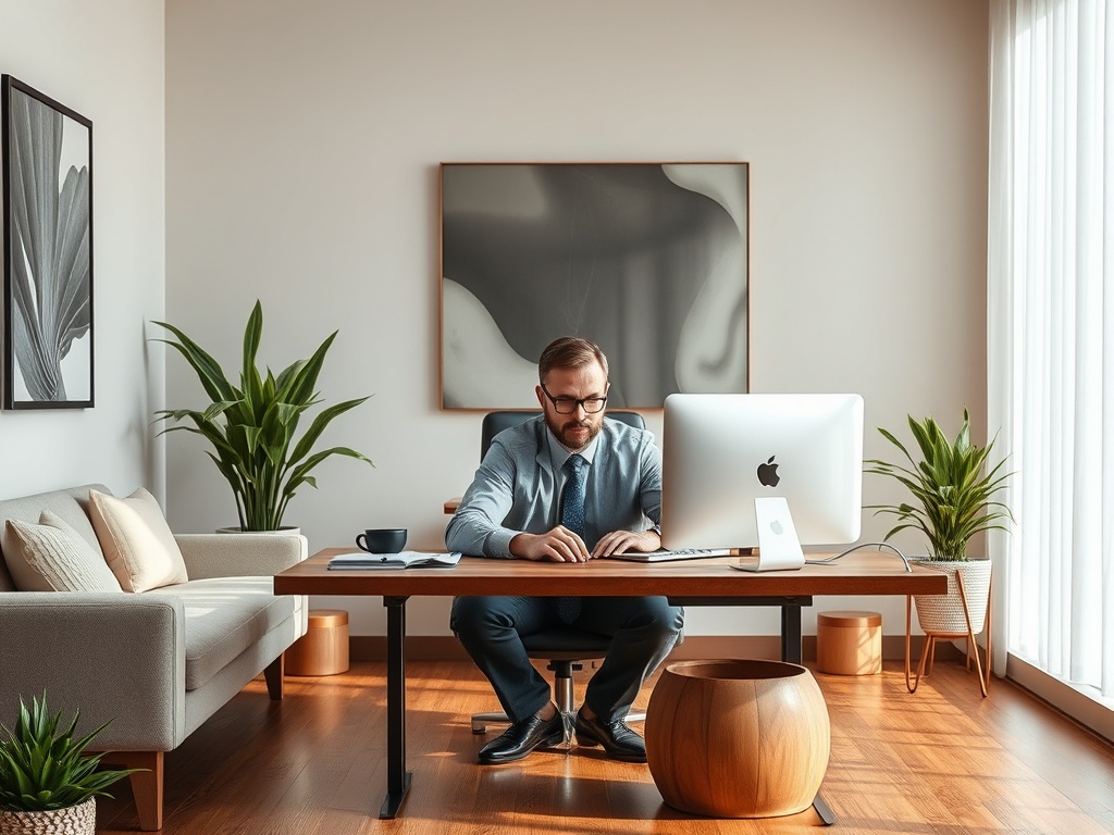 Мужчина в офисе за столом, работает на компьютере. Стены оформлены в светлых тонах, растительность в кадре.