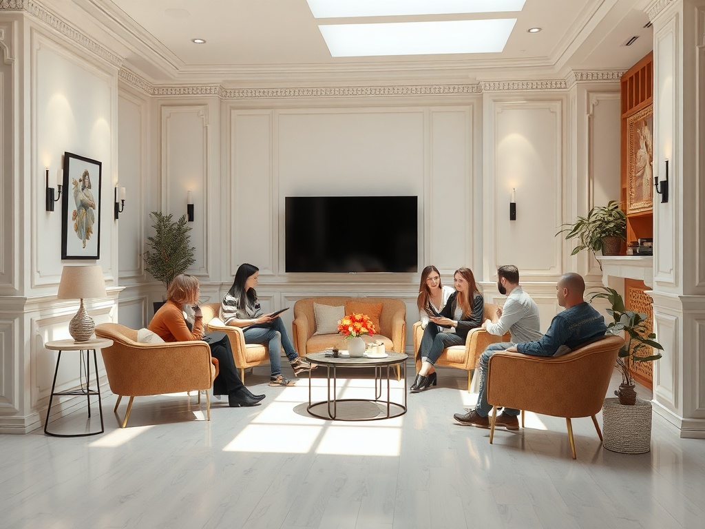 Группа людей обсуждает что-то в светлой комнате с уютной мебелью и современным дизайном.