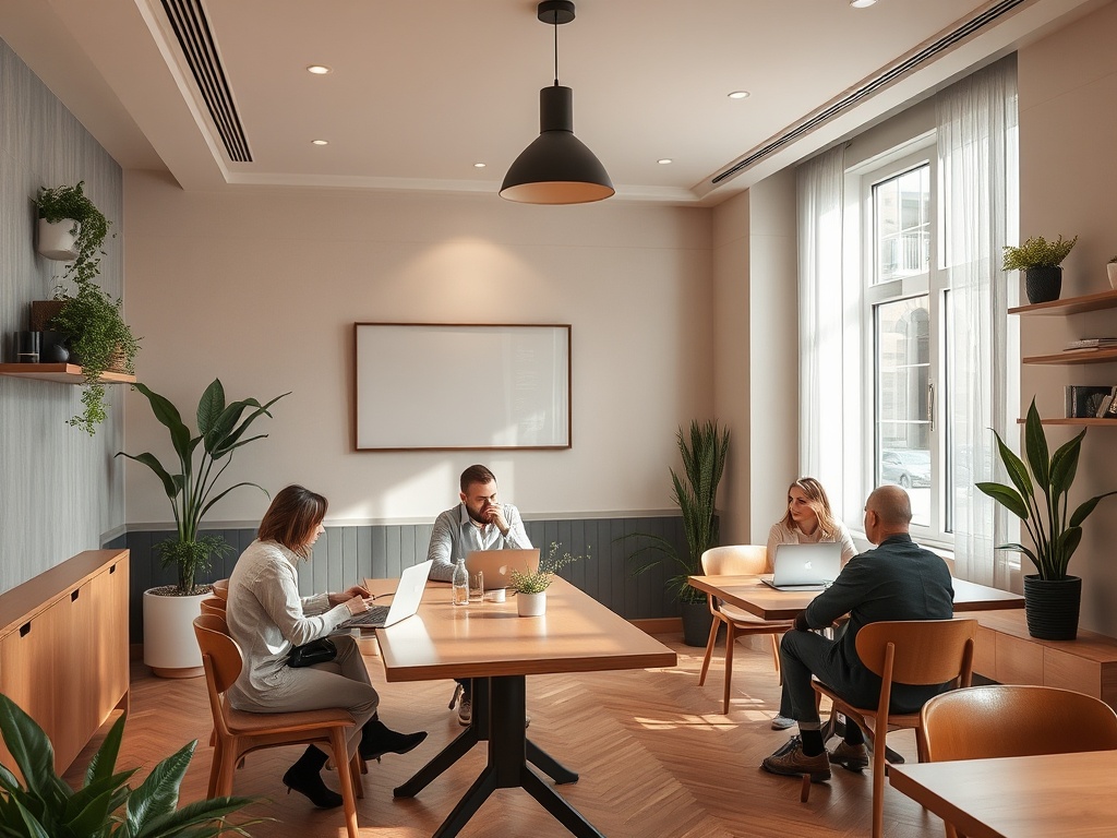 В офисе собрались четыре человека, работающих за ноутбуками при уютной обстановке.