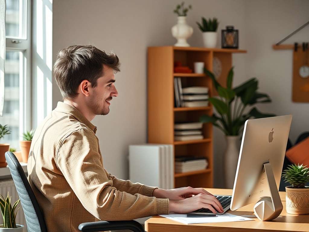 Молодой человек сидит за компьютером в светлом офисе, наслаждаясь работой и уютной атмосферой.