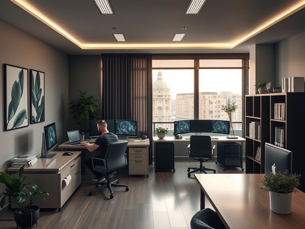 Современный офис с двумя рабочими местами, большими окнами и видом на город. На столах стоят компьютеры.