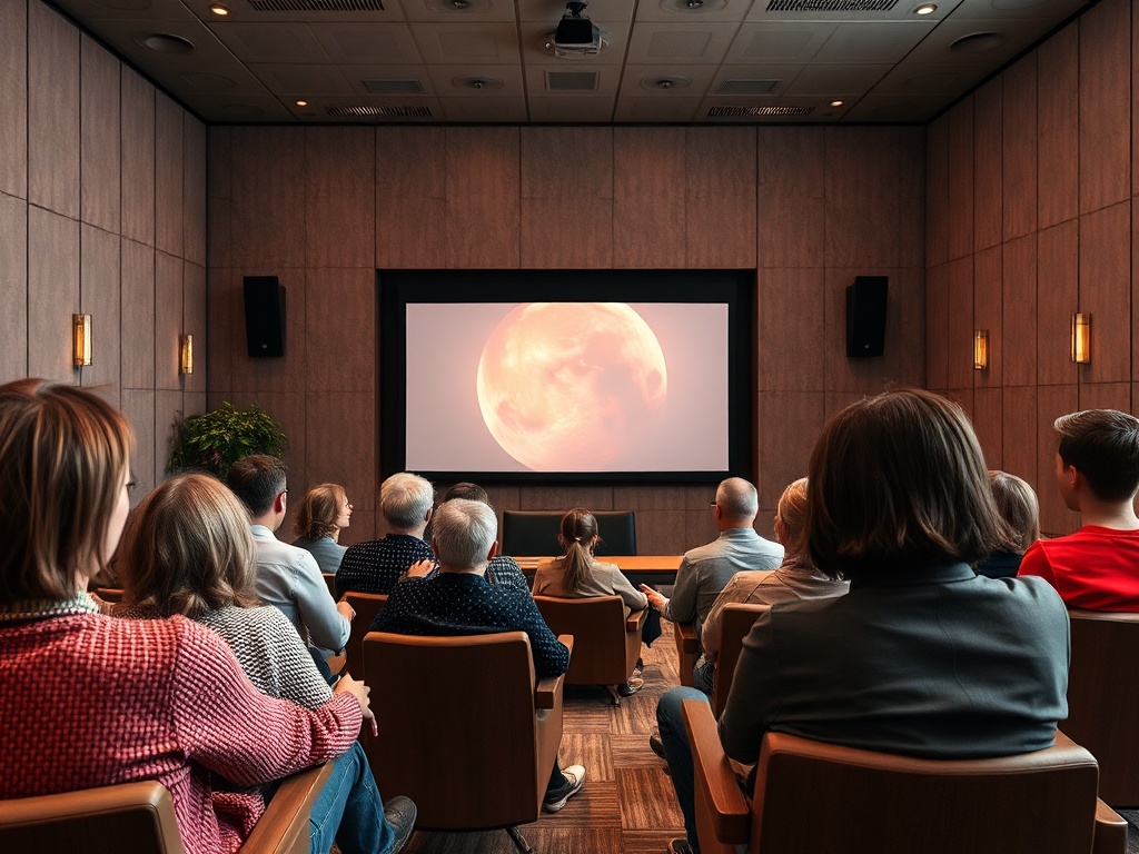 Зрители в зале观看 презентацию о марсианской поверхности на экране.