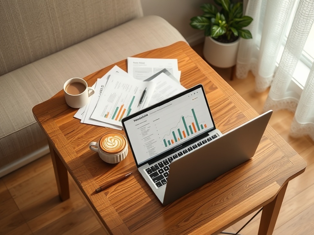 На столе ноутбук, чашка кофе, десерт и документы. Яркий свет, уютная атмосфера для работы.