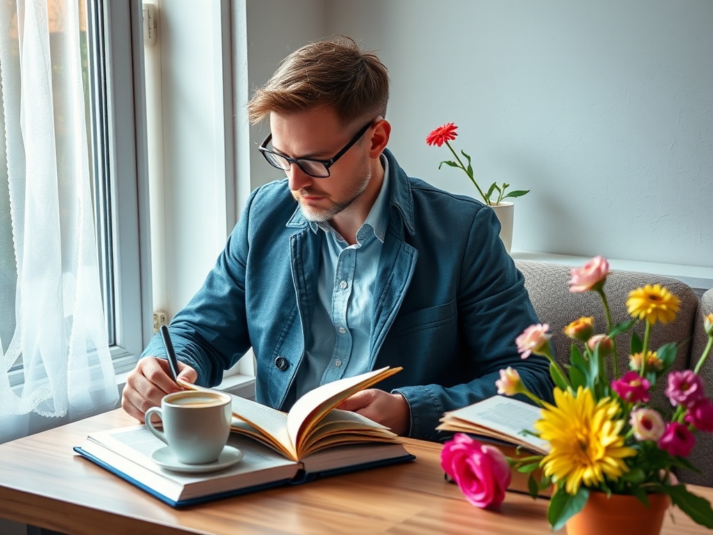 Молодой человек в очках читает книгу и делает заметки за столом с цветами и чашкой кофе.