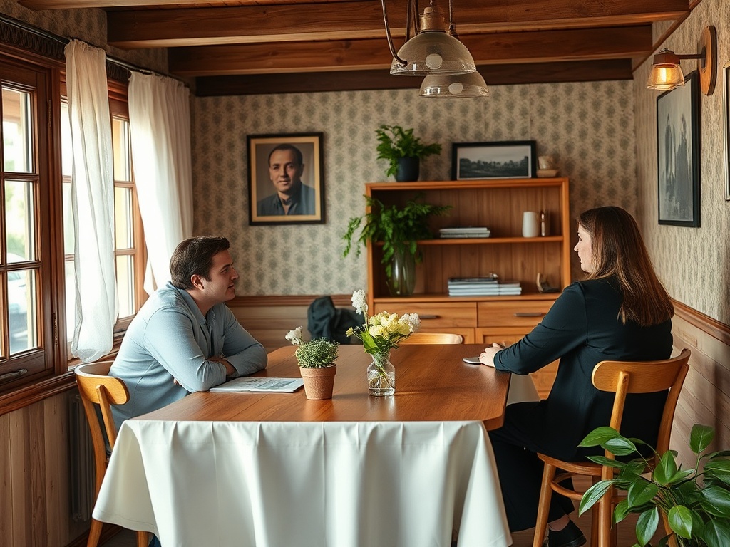 На столе сидят мужчина и женщина, обсуждают что-то в уютной комнате с роскошным декором.