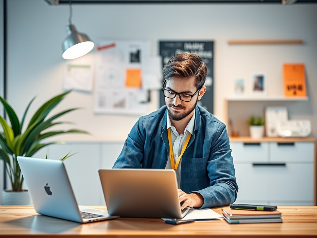 Молодой человек работает за столом с двумя ноутбуками и растением на фоне современного офиса.