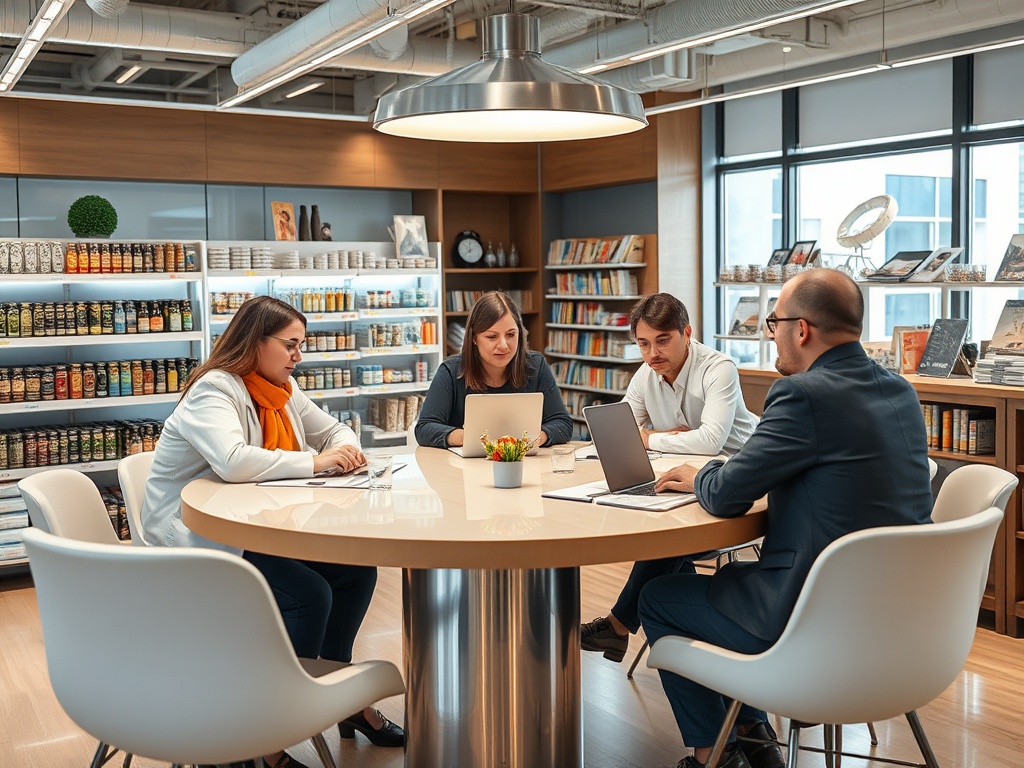 Группа людей в офисе обсуждает идеи за круглым столом, рядом с книжными полками и банками.