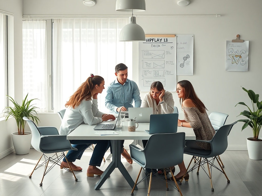На изображении группа людей обсуждает проект в современном офисе, работая за столом с ноутбуком.