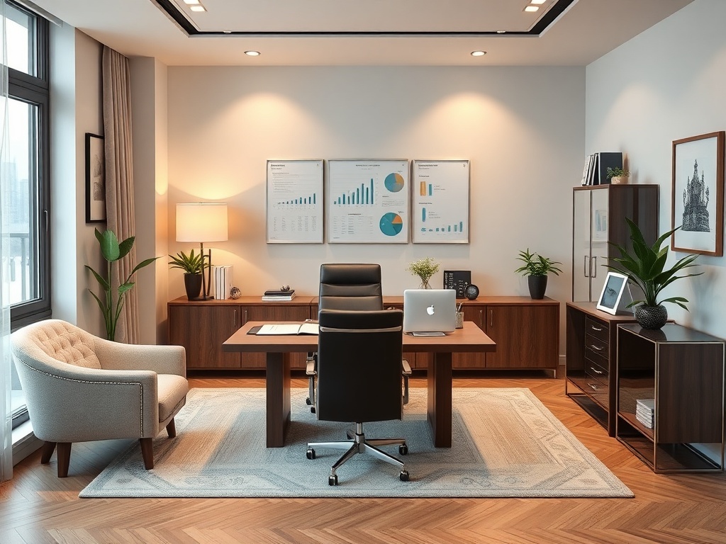 Современный офис с удобной мебелью, растениями и диаграммами на стенах. Светлое и уютное пространство.