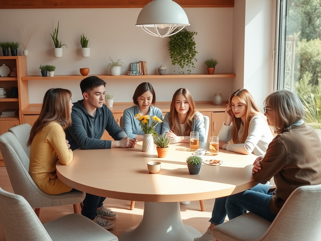 На изображении группа людей сидит вокруг стола в уютной обстановке, обсуждая что-то важное.