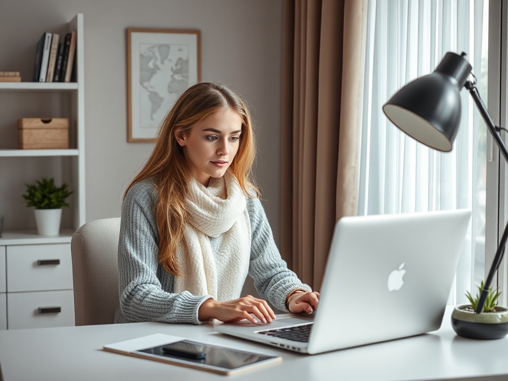 Молодая женщина в свитере и шарфе работает за ноутбуком в светлом офисе с растениями.