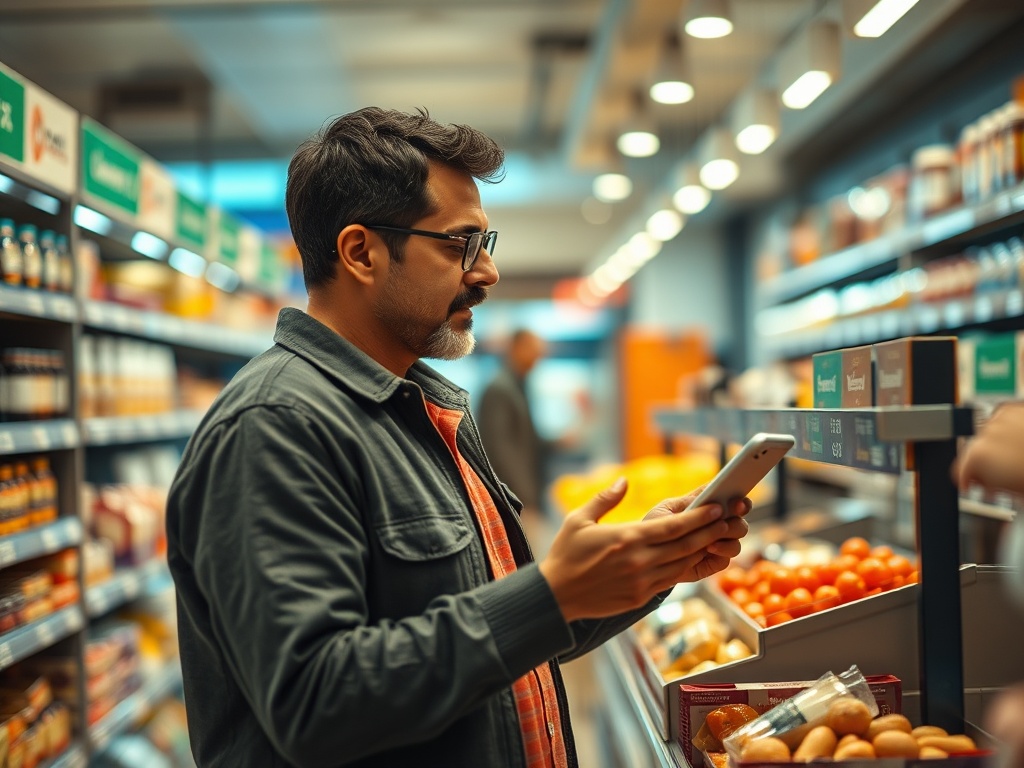 Мужчина с телефоном выбирает продукты в супермаркете, осматривая полки с товарами.