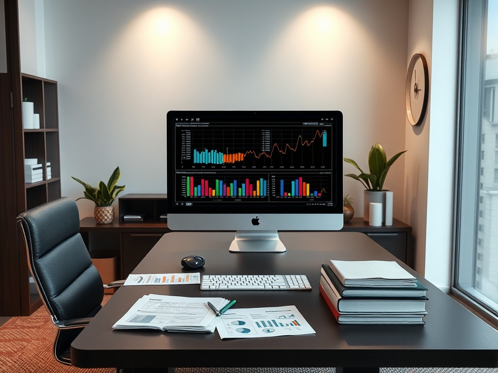 Современный офис с компьютером, графиками и документами на столе. Растения добавляют уют.