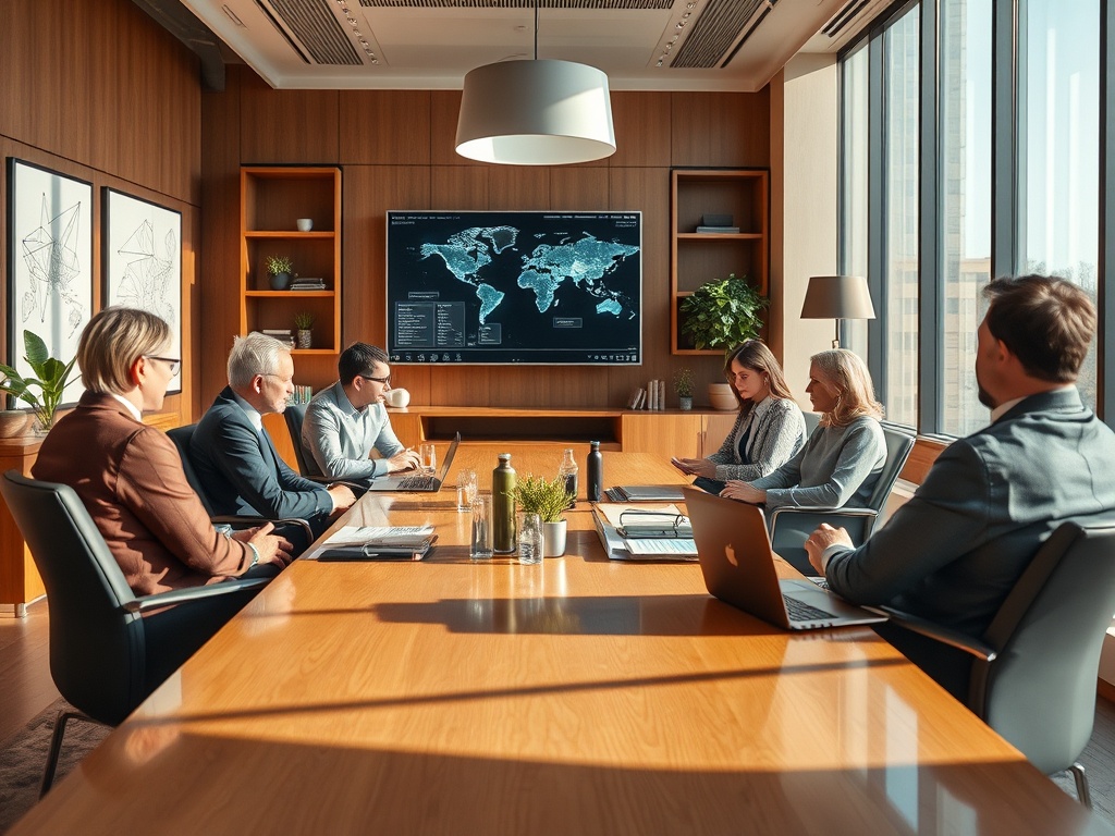 В комнате для переговоров шесть человек обсуждают проект, за ними большой экран с картой мира.