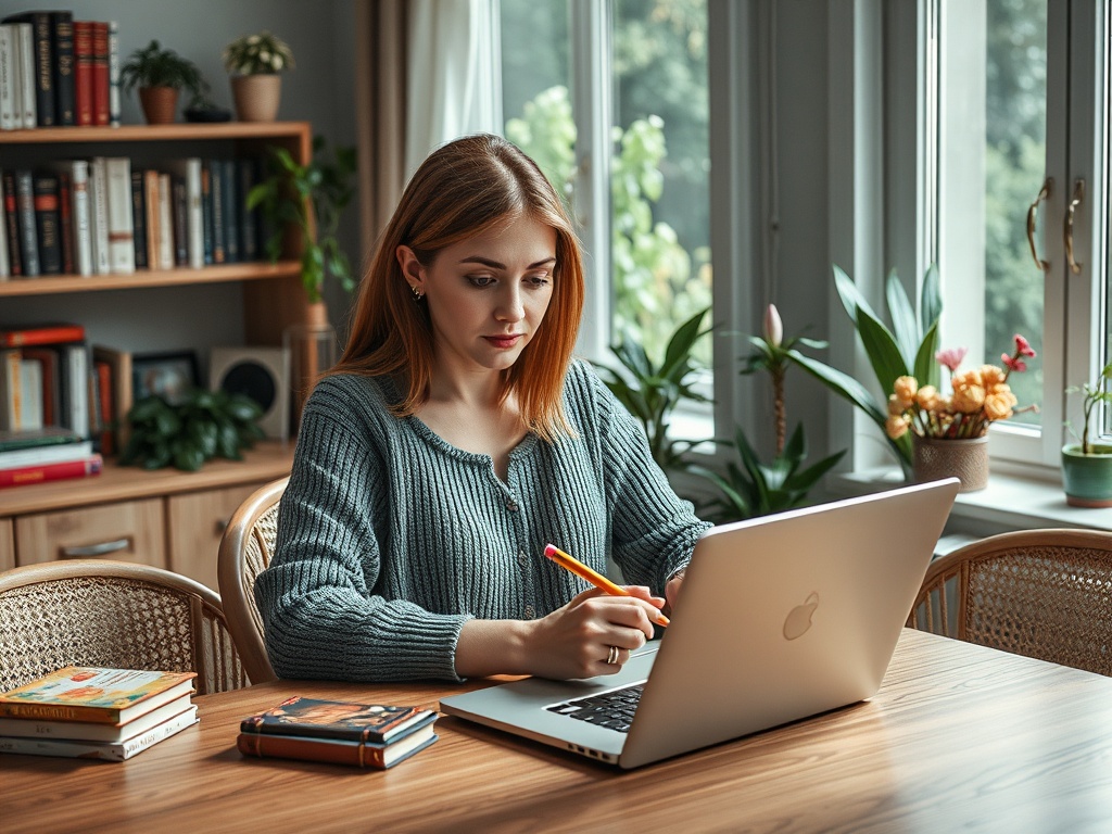 Девушка работает за столом с ноутбуком, вокруг книг и растений, сосредоточенная на своей задаче.