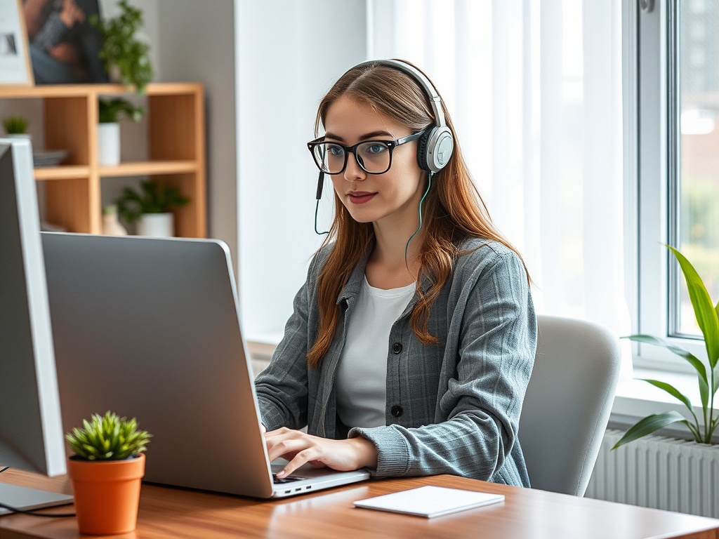 Молодая женщина в очках и наушниках работает за компьютером на фоне яркого окна.