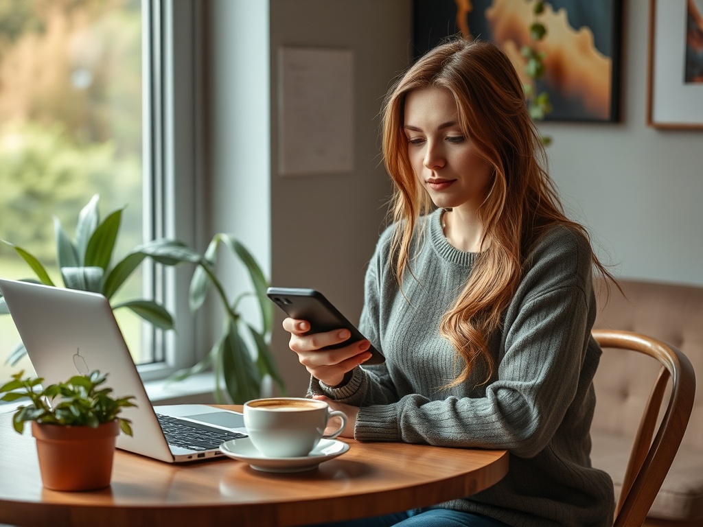 Молодая женщина сидит за столом с ноутбуком, чашкой кофе и смотрит на телефон. Вокруг зелёные растения.