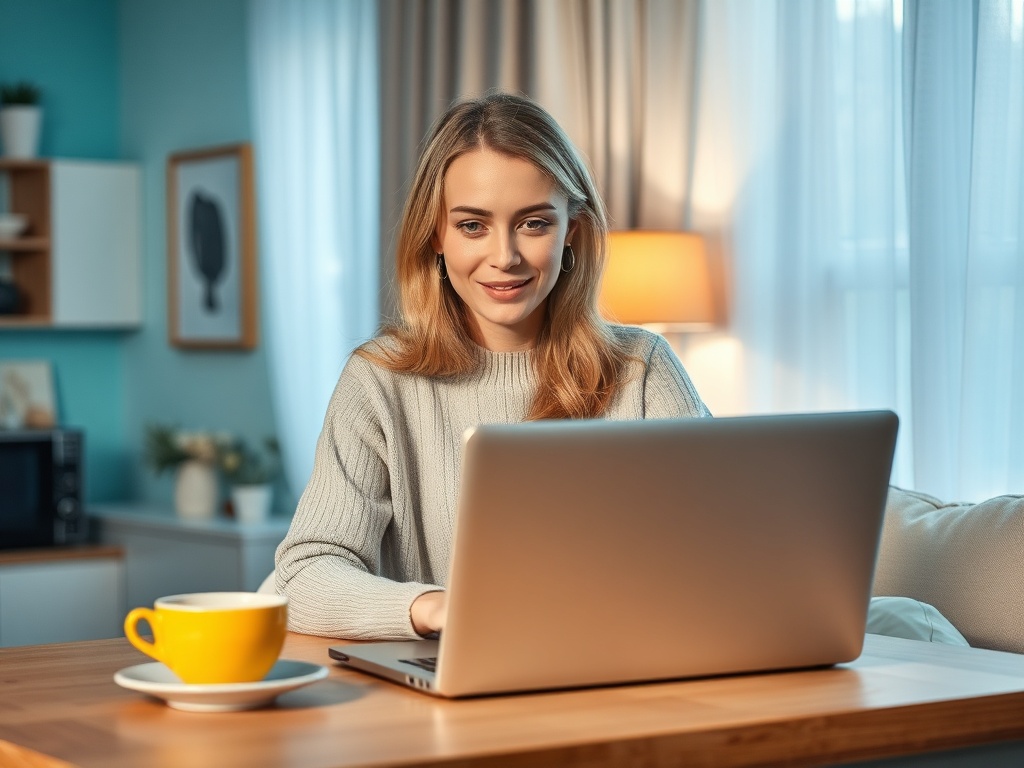Молодая женщина сидит за столом с ноутбуком и чашкой кофе, улыбается и работает в уютной обстановке.