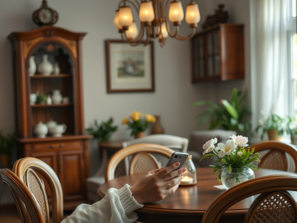 На столе стоит телефон, рядом с ним цветы и свеча, уютная обстановка в светлом интерьере.